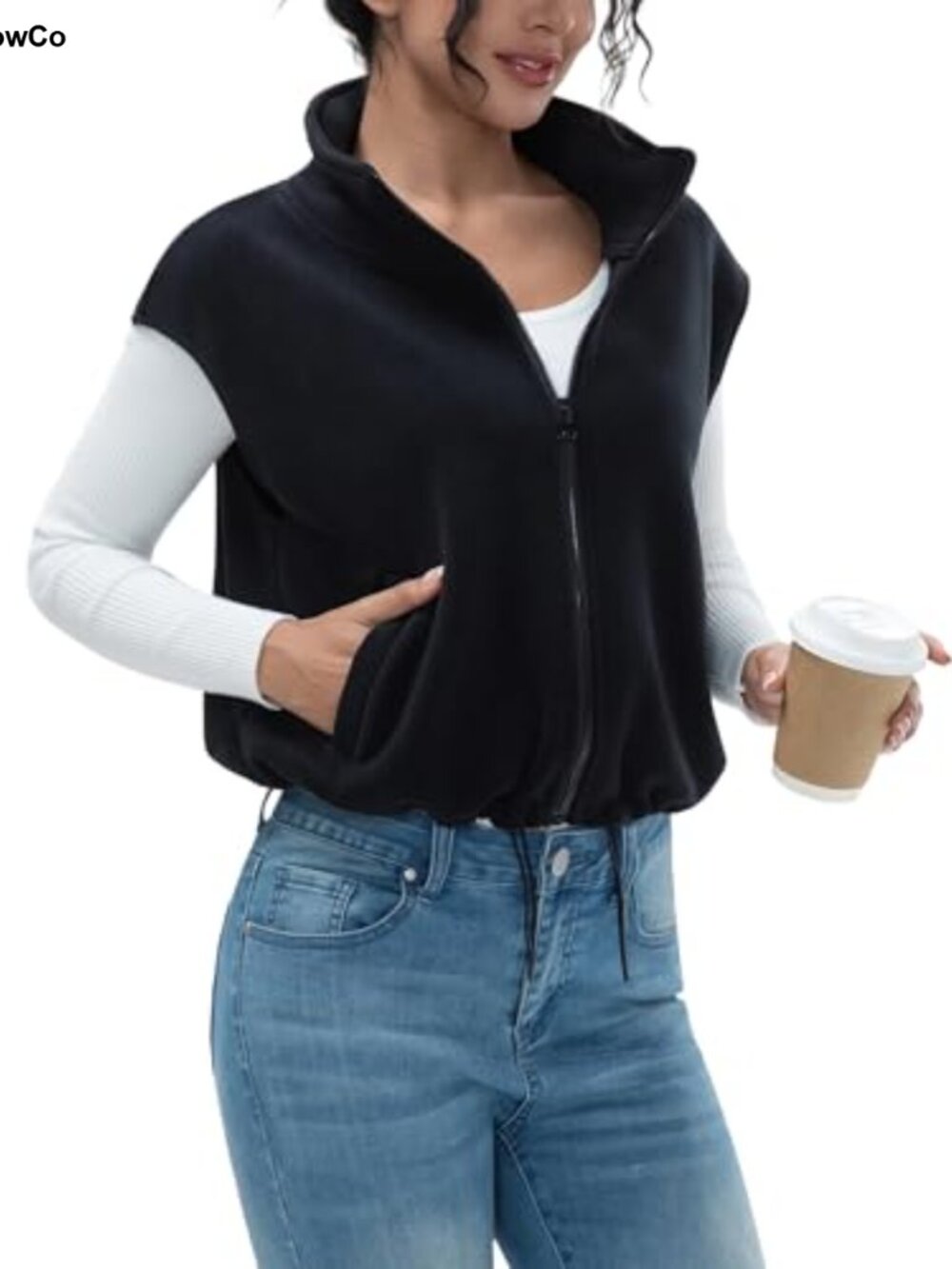 Women's Full Zip Fleece Vest Warm Sleeveless Stand Collar Sherpa Crop Coat